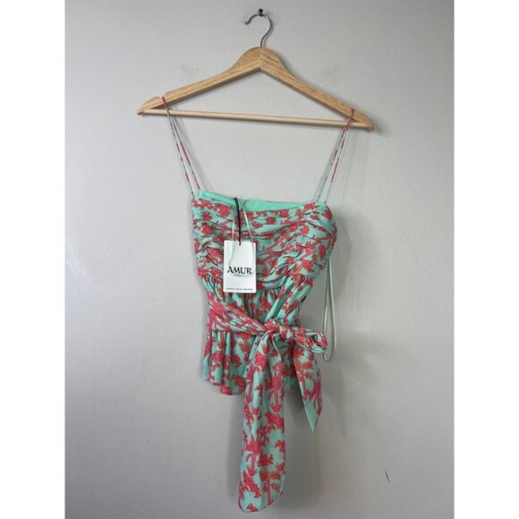 NWT Amur Spaghetti Straps Everett Bow Peplum Cropped Top Miami Sky Botanical - Picture 2 of 8